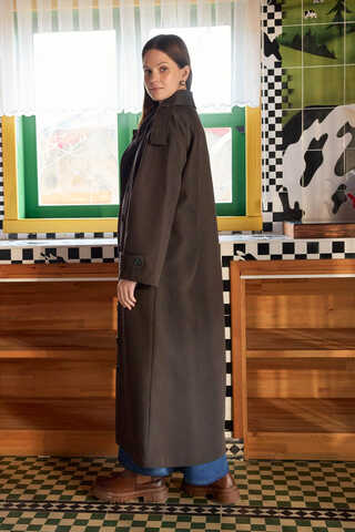 Asymmetric Dropped Shoulder Trench Coat Dark Coffee - 8