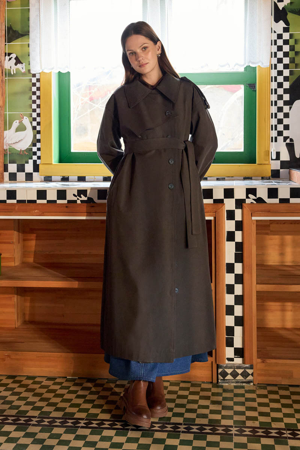 Asymmetric Dropped Shoulder Trench Coat Dark Coffee - 7