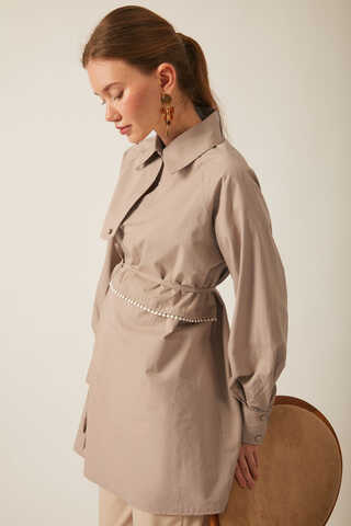 Asymmetric Poplin Shirt Light Camel - 11