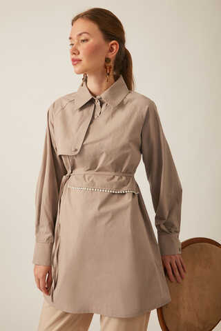 Asymmetric Poplin Shirt Light Camel - 13