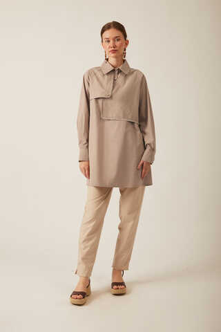 Asymmetric Poplin Shirt Light Camel - 14
