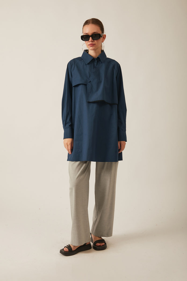 Asymmetric Poplin Shirt Navy Blue - 3