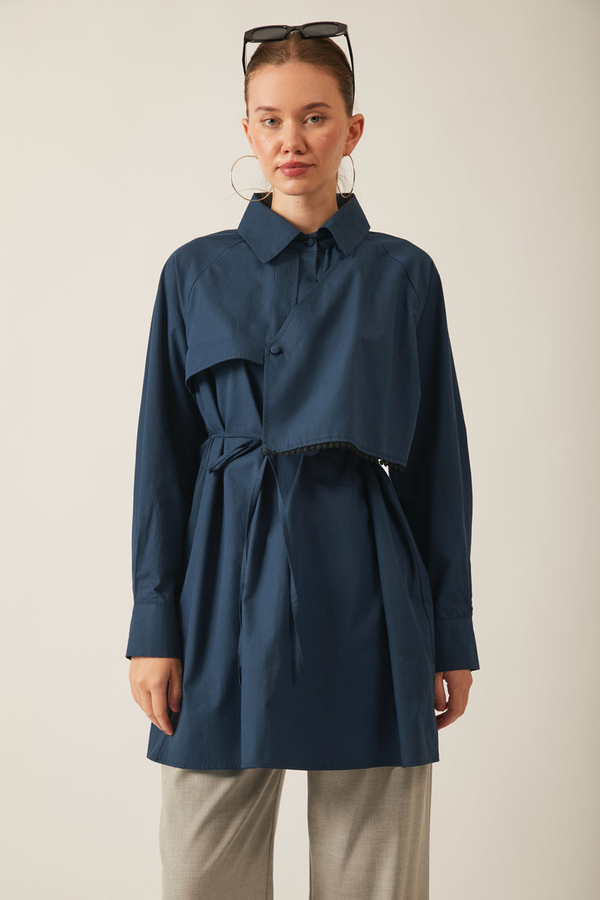 Asymmetric Poplin Shirt Navy Blue - 2