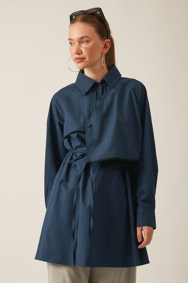 Asymmetric Poplin Shirt Navy Blue - 12