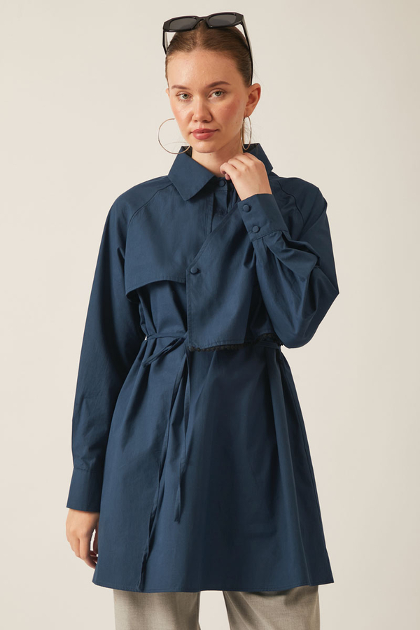 Asymmetric Poplin Shirt Navy Blue - 7