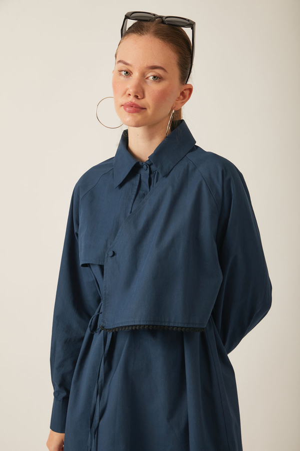 Asymmetric Poplin Shirt Navy Blue - 4