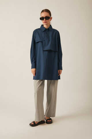 Asymmetric Poplin Shirt Navy Blue - 3