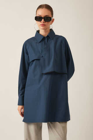 Asymmetric Poplin Shirt Navy Blue - 5