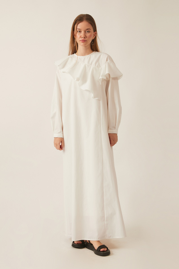 Asymmetric Ruffle Hem Dress White - 2