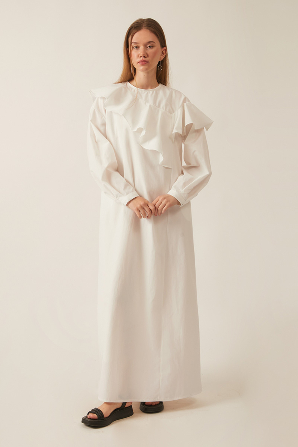 Asymmetric Ruffle Hem Dress White - 3