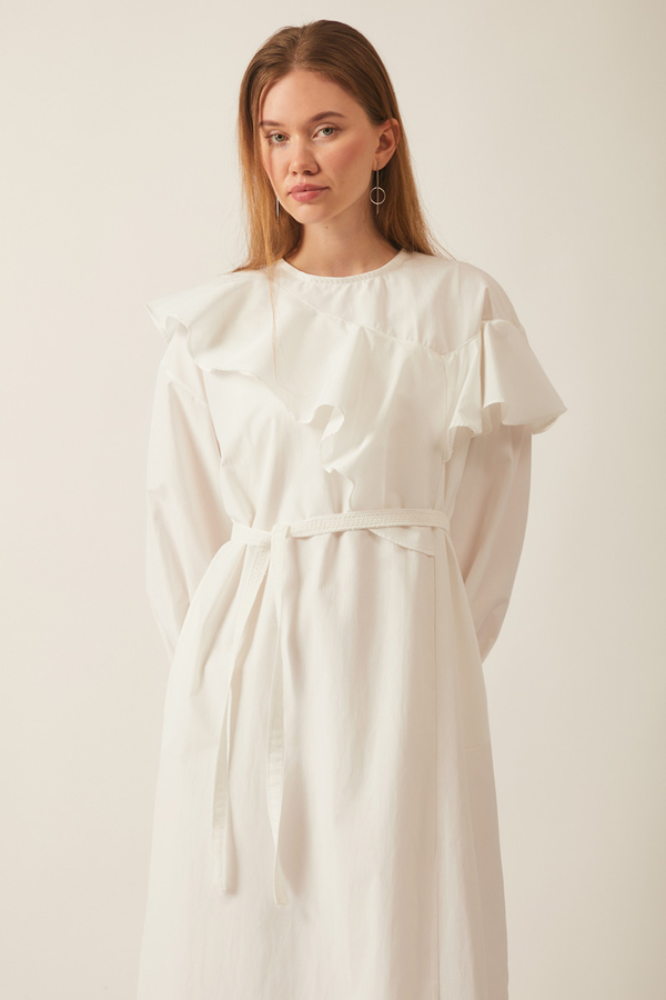 Asymmetric Ruffle Hem Dress White - 1