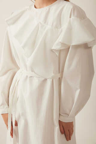 Asymmetric Ruffle Hem Dress White - 10