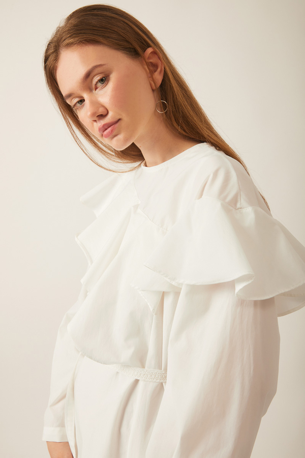 Asymmetric Ruffle Hem Dress White - 12