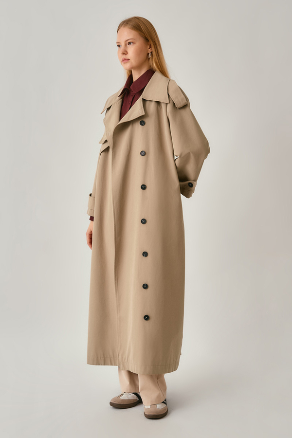 Asymmetrical Drop Shoulder Trenchcoat Beige - 4