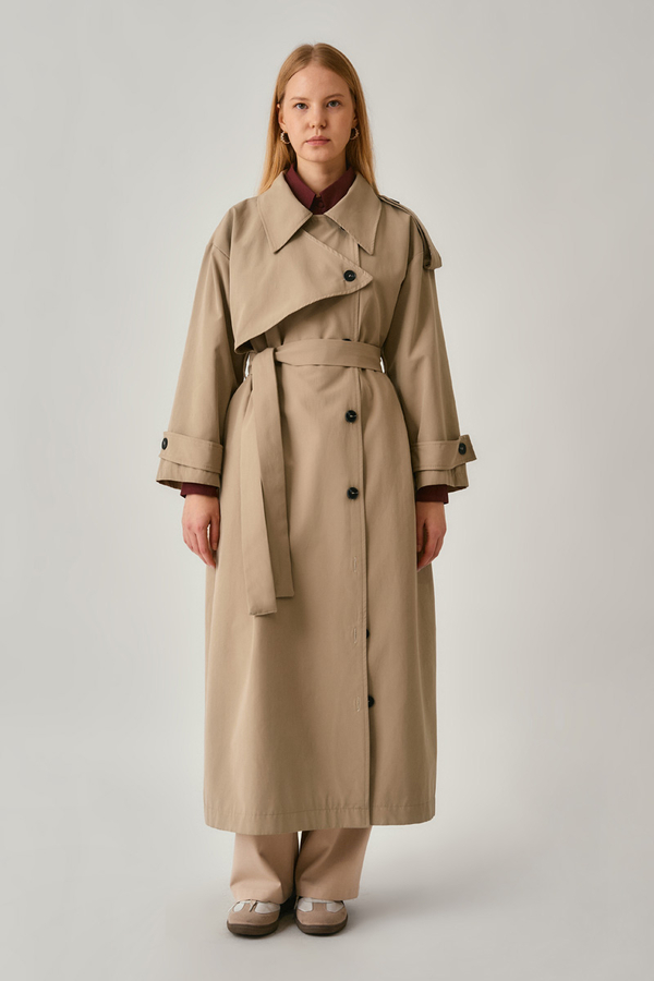 Asymmetrical Drop Shoulder Trenchcoat Beige - 5