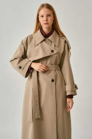 Asymmetrical Drop Shoulder Trenchcoat Beige - 9