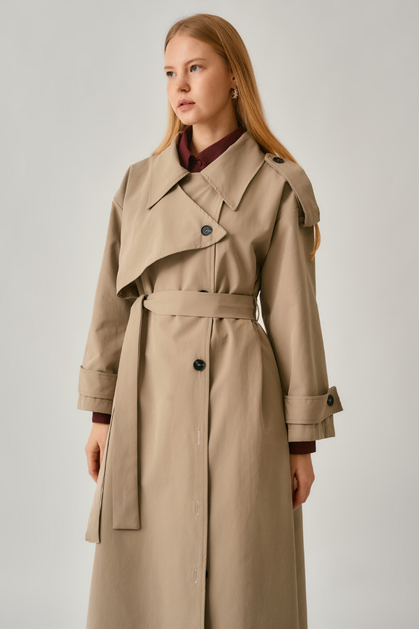 Asymmetrical Drop Shoulder Trenchcoat Beige - 11