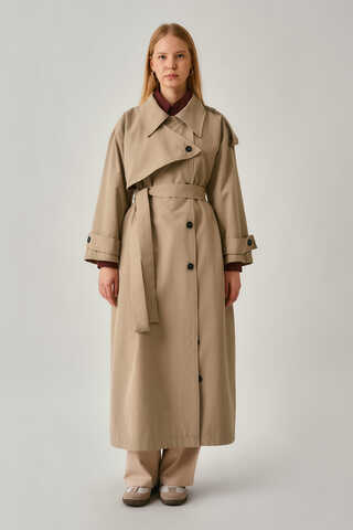 Asymmetrical Drop Shoulder Trenchcoat Beige - 12