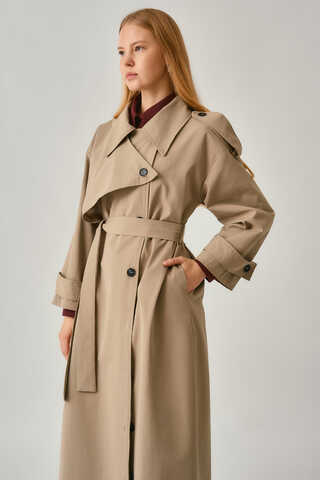 Asymmetrical Drop Shoulder Trenchcoat Beige - 13