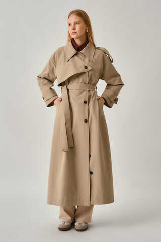 Asymmetrical Drop Shoulder Trenchcoat Beige - 14