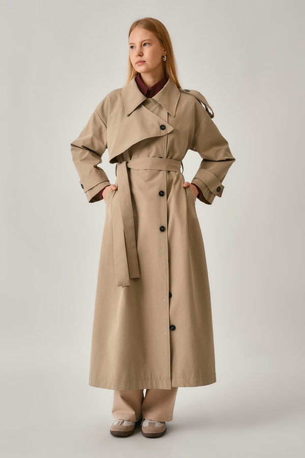 Asymmetrical Drop Shoulder Trenchcoat Beige - 14