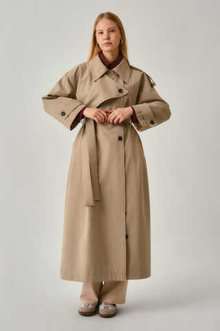 Asymmetrical Drop Shoulder Trenchcoat Beige - 16