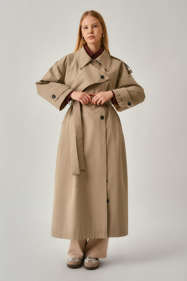 Asymmetrical Drop Shoulder Trenchcoat Beige - 16