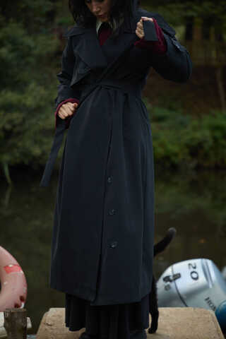 Asymmetrical Drop Shoulder Trenchcoat Black - 1