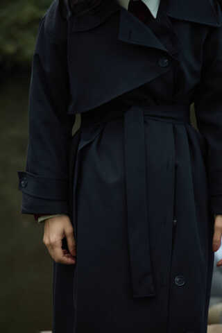 Asymmetrical Drop Shoulder Trenchcoat Black - 2