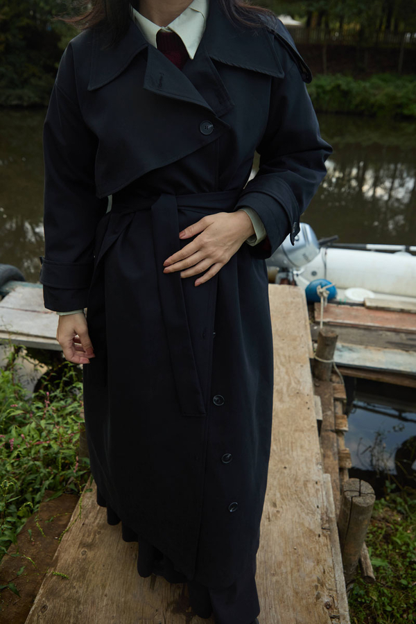 Asymmetrical Drop Shoulder Trenchcoat Black - 3