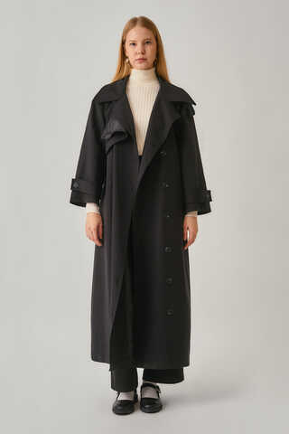 Asymmetrical Drop Shoulder Trenchcoat Black - 4