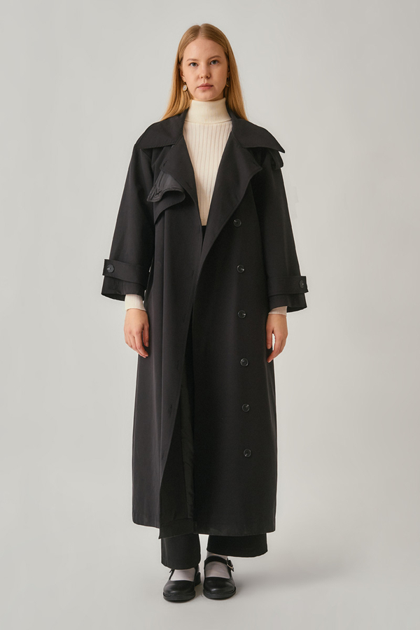Asymmetrical Drop Shoulder Trenchcoat Black - 4