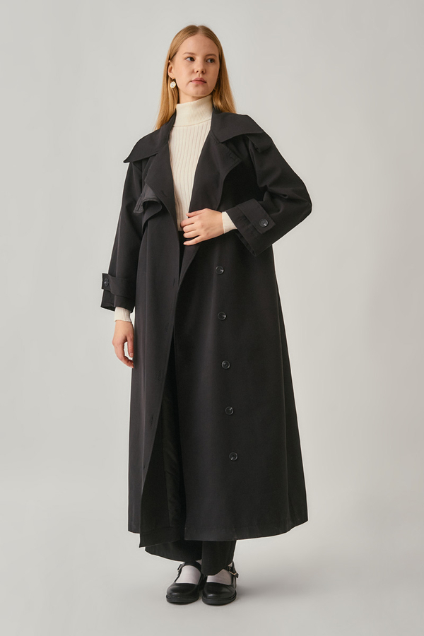 Asymmetrical Drop Shoulder Trenchcoat Black - 6