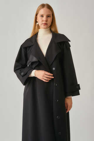 Asymmetrical Drop Shoulder Trenchcoat Black - 8