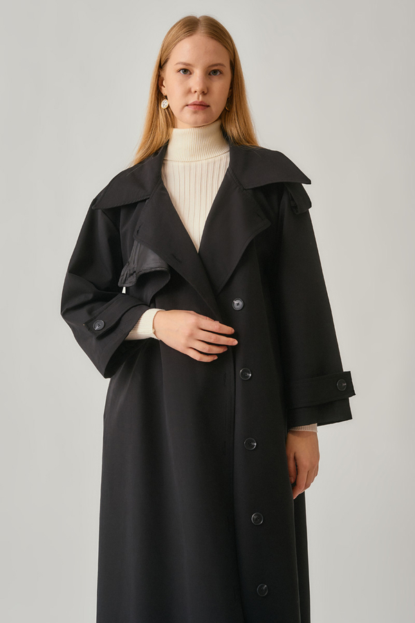 Asymmetrical Drop Shoulder Trenchcoat Black - 8