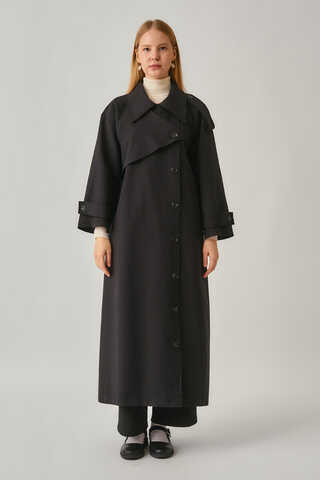 Asymmetrical Drop Shoulder Trenchcoat Black - 9