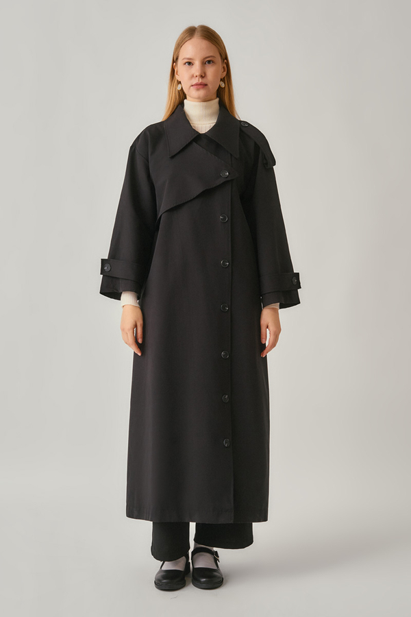 Asymmetrical Drop Shoulder Trenchcoat Black - 9