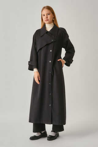 Asymmetrical Drop Shoulder Trenchcoat Black - 10