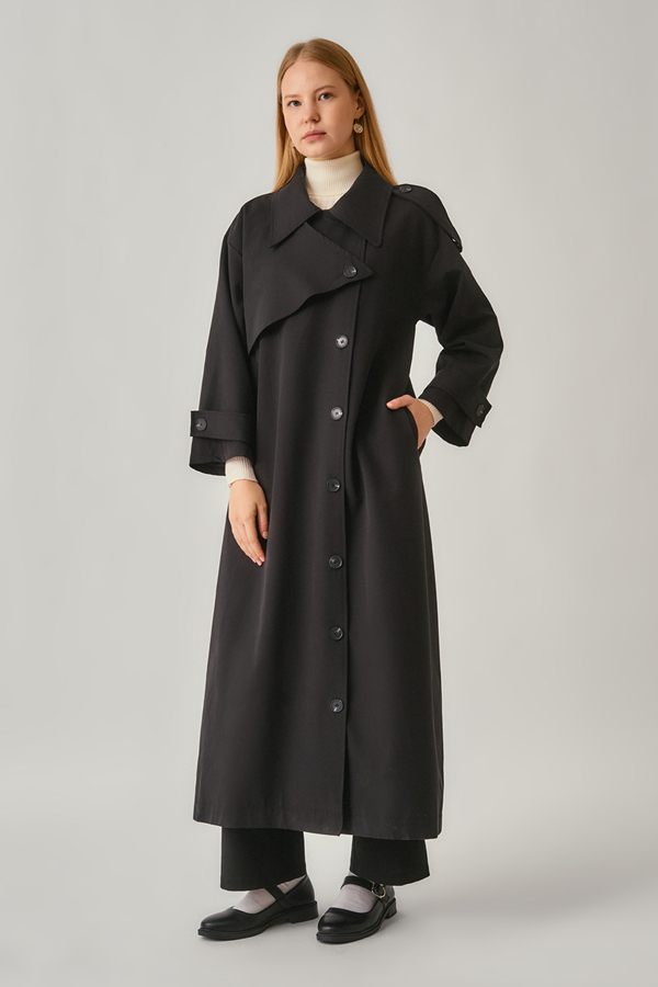 Asymmetrical Drop Shoulder Trenchcoat Black - 10