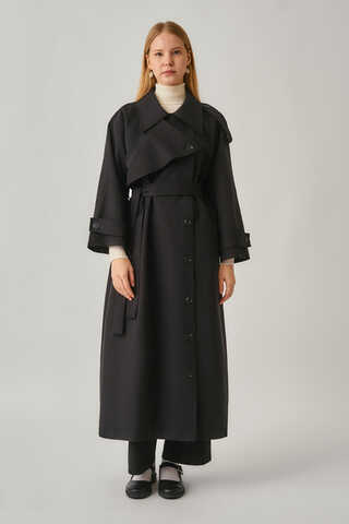Asymmetrical Drop Shoulder Trenchcoat Black - 11