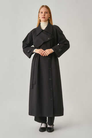 Asymmetrical Drop Shoulder Trenchcoat Black - 12