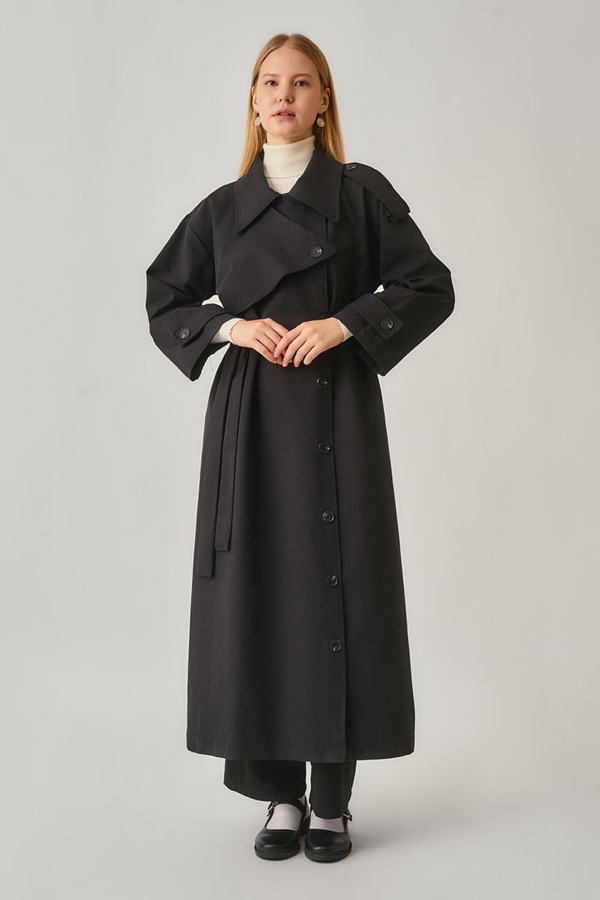 Asymmetrical Drop Shoulder Trenchcoat Black - 12