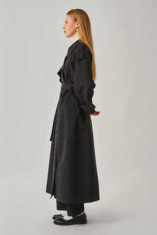 Asymmetrical Drop Shoulder Trenchcoat Black - 14