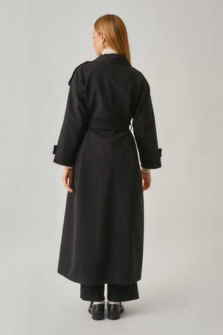 Asymmetrical Drop Shoulder Trenchcoat Black - 15
