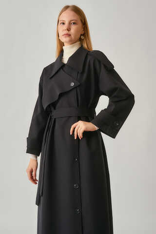Asymmetrical Drop Shoulder Trenchcoat Black - 5