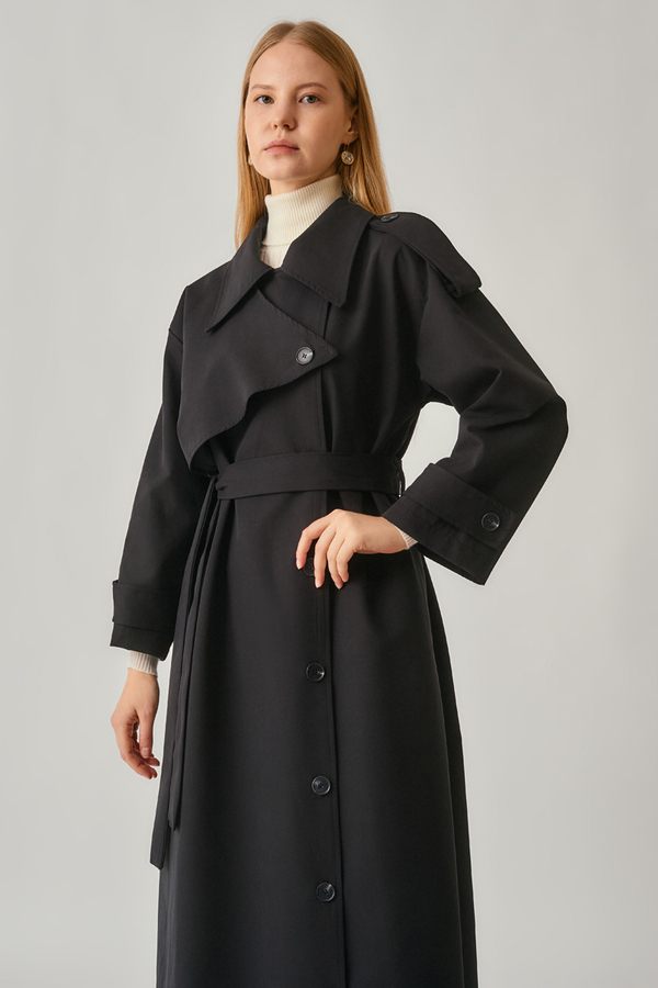 Asymmetrical Drop Shoulder Trenchcoat Black - 5