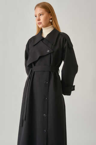 Asymmetrical Drop Shoulder Trenchcoat Black - 7