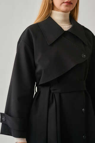 Asymmetrical Drop Shoulder Trenchcoat Black - 13