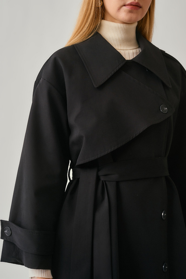 Asymmetrical Drop Shoulder Trenchcoat Black - 13