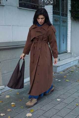 Asymmetrical Drop Shoulder Trenchcoat Brown - 3